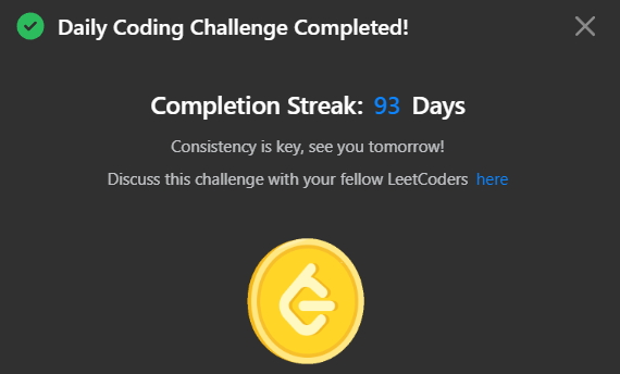 0NOSNA0's tweet photo. Daily Leetcode challenge Tweet:                                                                               
Day - 93  solved @LeetCode daily challenge  #100DaysOfCode #DSA #codinglife https://t.co/ouSszRZ7sa