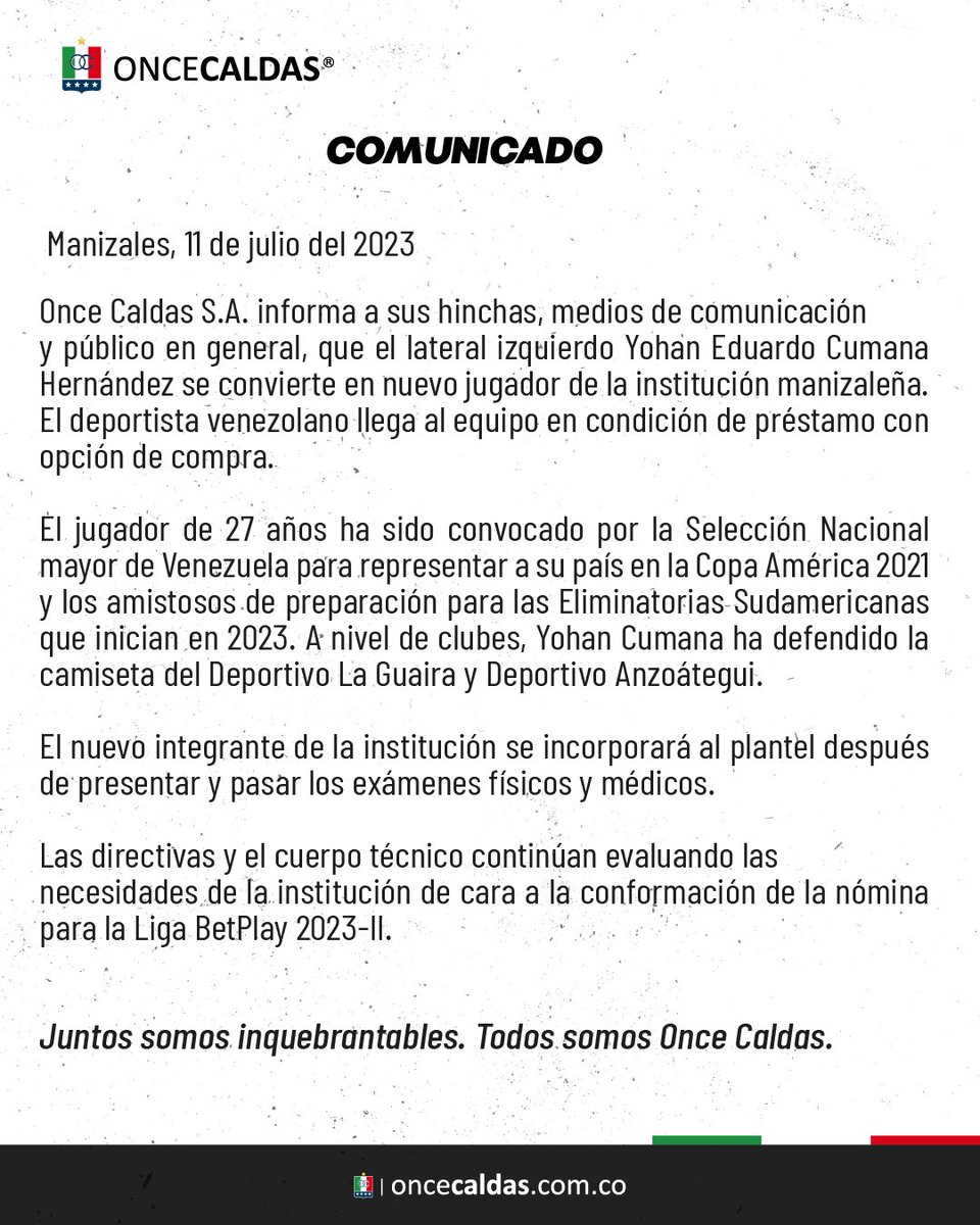 oncecaldas's tweet photo. Comunicado oficial #OnceCaldas 🇮🇹 https://t.co/pfH7uU8XrN