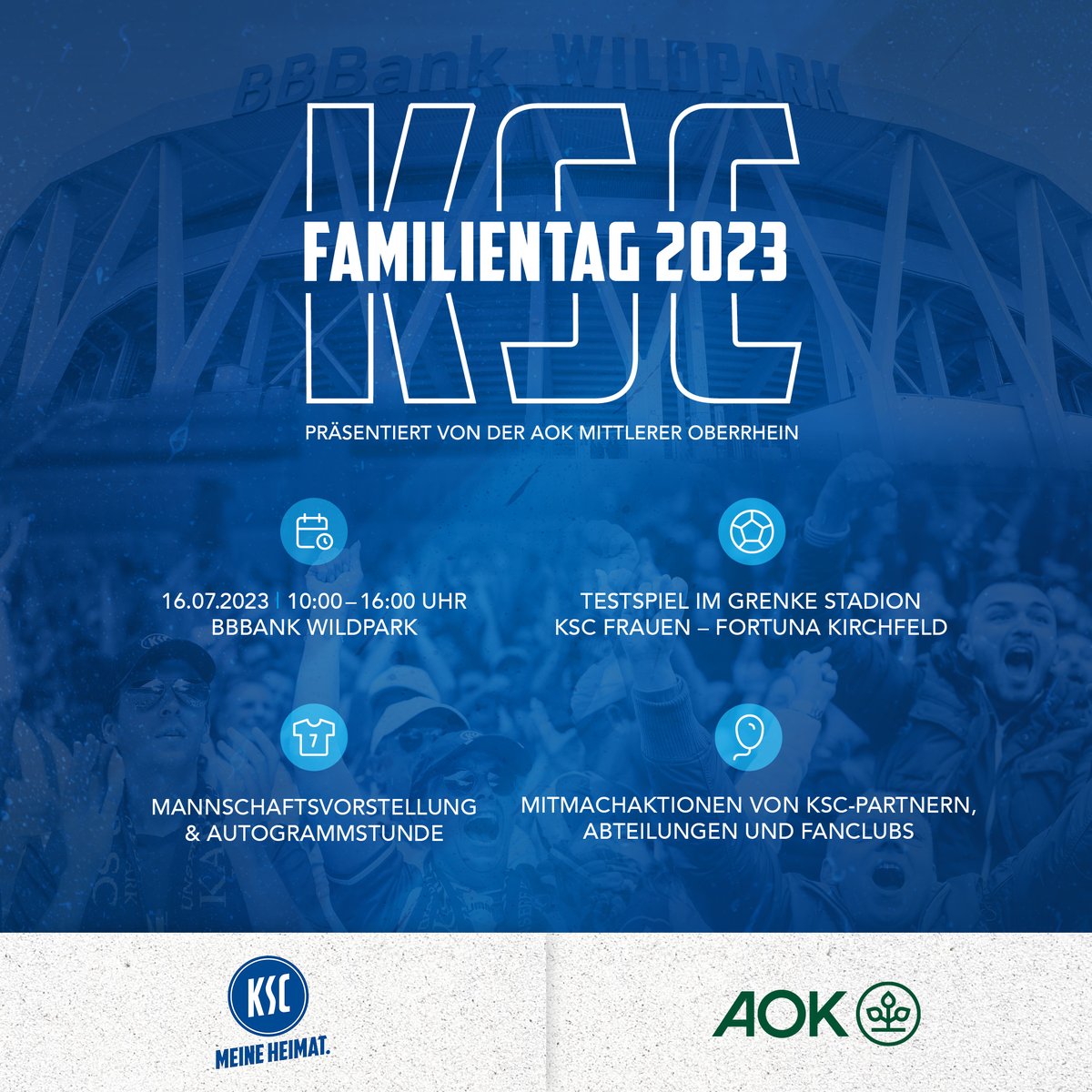 Am Sonntag sind alle blau-weißen Fans herzlich in den BBBank Wildpark eingeladen: Ab 10 Uhr findet der KSC-Familientag mit Mannschaftsvorstellung, Autogrammstunde und Mitmachaktionen statt ▶️ s.ksc.de/57t

#KSCmeineHeimat