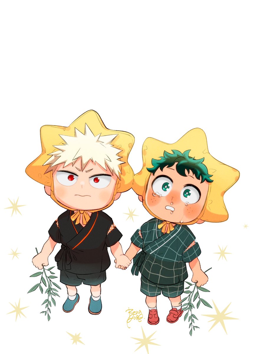 bakugou katsuki ,midoriya izuku multiple boys male focus green hair 2boys red eyes blonde hair freckles  illustration images