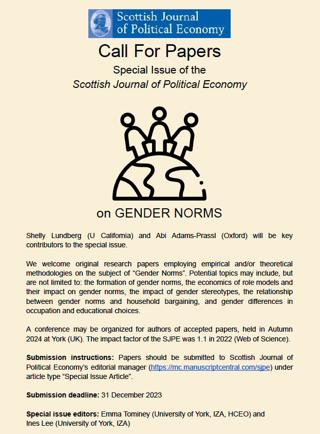 Working on Gender Norms?

Submit your papers to this special issue of <a href="/SJPEatSES/">SJPE</a> featuring articles by
<a href="/ShellyJLundberg/">Shelly Lundberg</a> &amp; <a href="/abicadams/">Abi Adams</a> 🥳

Edited by @emma_tominey &amp; me, with @DavidAJaeger as Editor in Chief 

Very excited for this special issue! 

#EconTwitter