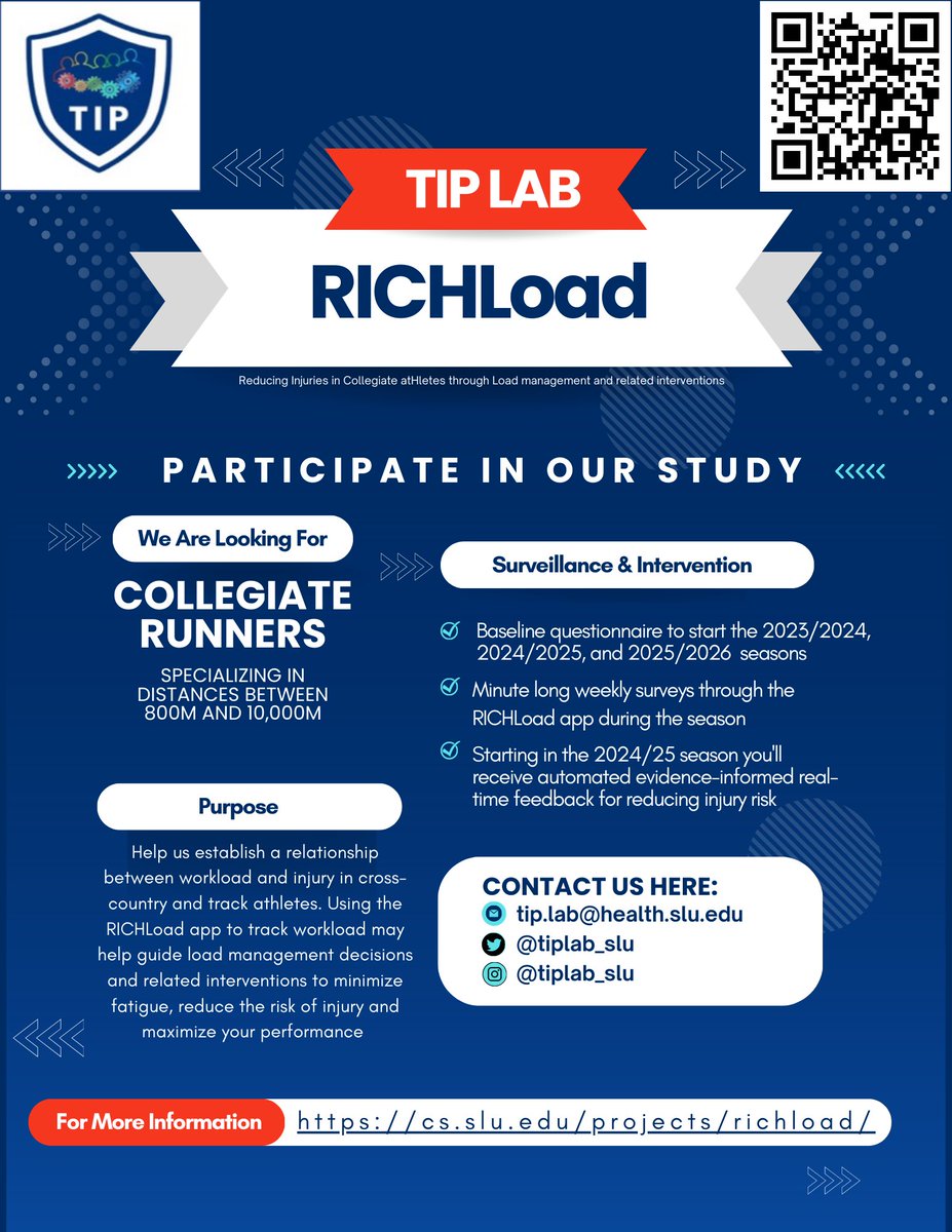 🚨 RECRUITING 🚨

The TIP Lab is recruiting collegiate runners specializing in distances between 800m and 10,000m to participate in our RICHLoad study!

Click on the link below for more information:
cs.slu.edu/projects/richl…