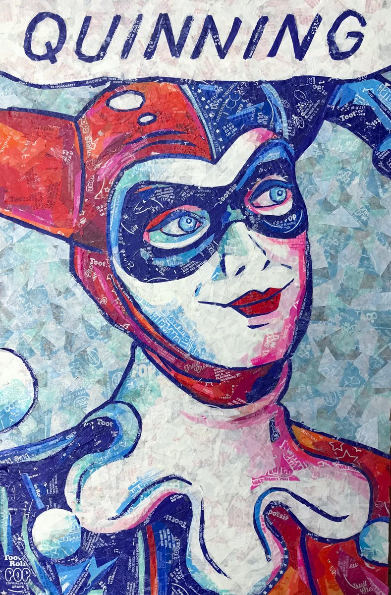 popwrapart's tweet image. I am a pop artist with a touch of chaotic impressionism. Traditional medium: candy wrappers.  First cover to be published soon (The one with the Willie Wonka devil). #PortfolioDay