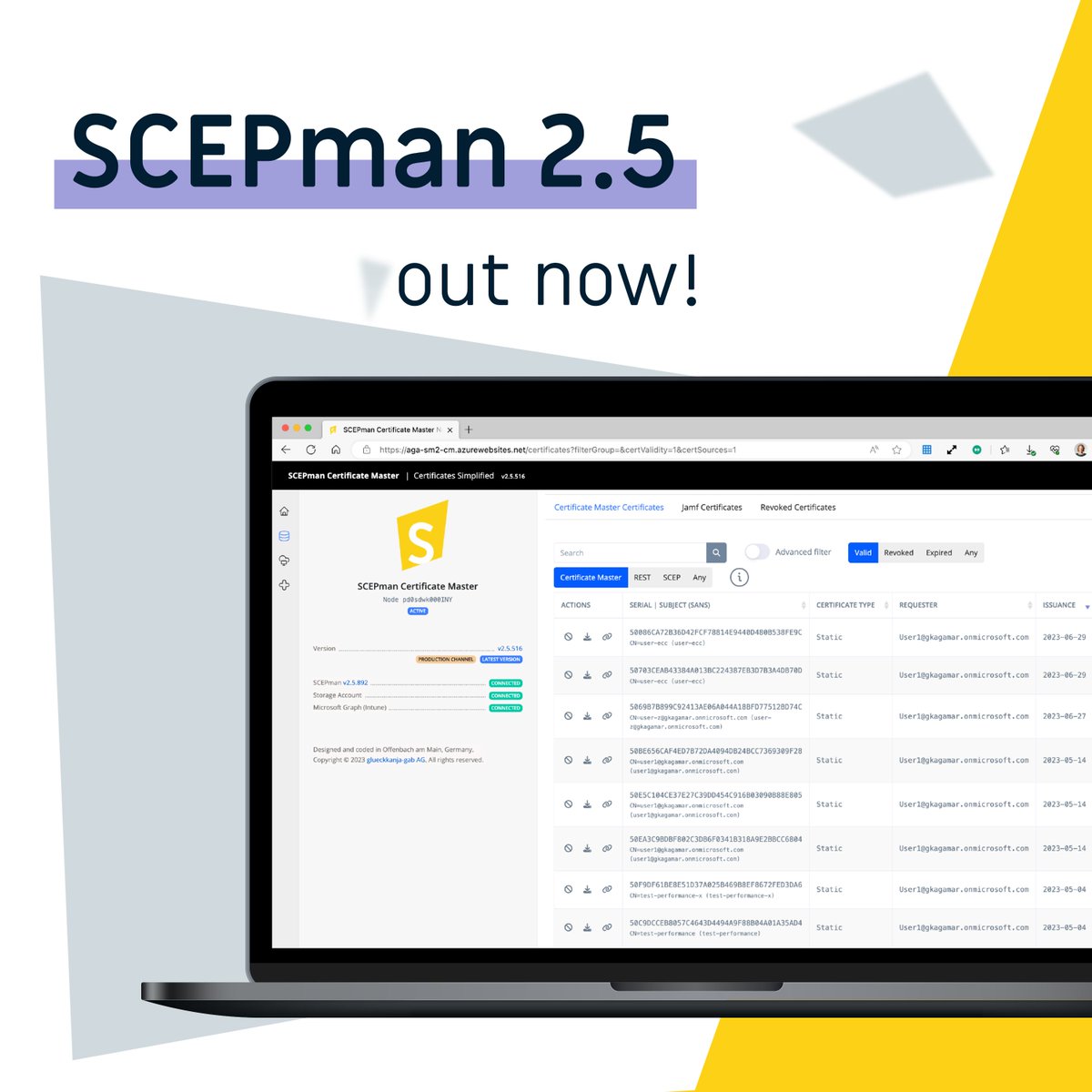 scepman_'s tweet image. #SCEPman 2.5 is now live!

Technical specifications at a glance:
– RBAC in CertMaster
– 4X speed in SCEPman
– Enrollment Grace Period
– SID Extension

More info in our changelog
👉 docs.scepman.com/changelog

#TechUpdate #Cybersecurity
