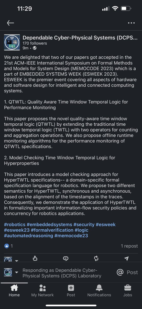 dependableCPS's tweet image. We are delighted that two of our papers got accepted in the 21st ACM-IEEE International Symposium on Formal Methods and Models for System Design (MEMOCODE 2023). 

#robotics #embeddedsystems #security #esweek #esweek23 #formalverification #logic #automatedreasoning #memocode23