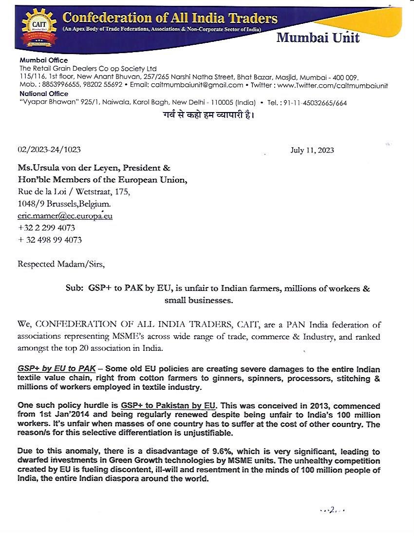 CaitMumbaiUnit's tweet photo. Dear @vonderleyen ,we are PAN India’s largest MSME &amp; probably worlds largest.
Unjustifiable &amp; unfair practice by EU is denting your reputation worldwide. GSP+ to PAK at the cost of 100 million farmers &amp; workers needs immediate introspection &amp; correction. 
@MamerEric @PiyushGoyal https://t.co/7UpfKnuIu6