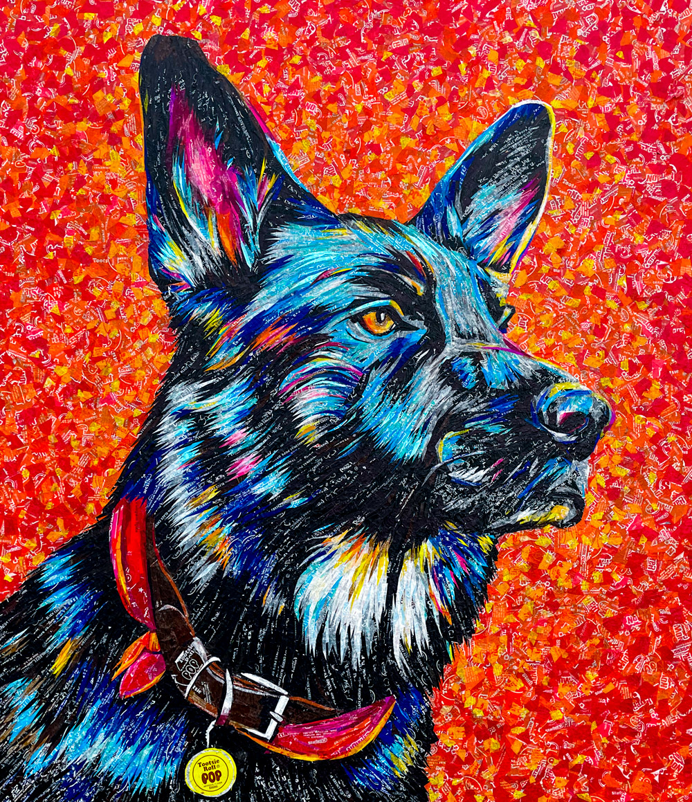 popwrapart's tweet image. I am a pop artist with a touch of chaotic impressionism. Traditional medium: candy wrappers.  First cover to be published soon (The one with the Willie Wonka devil). #PortfolioDay