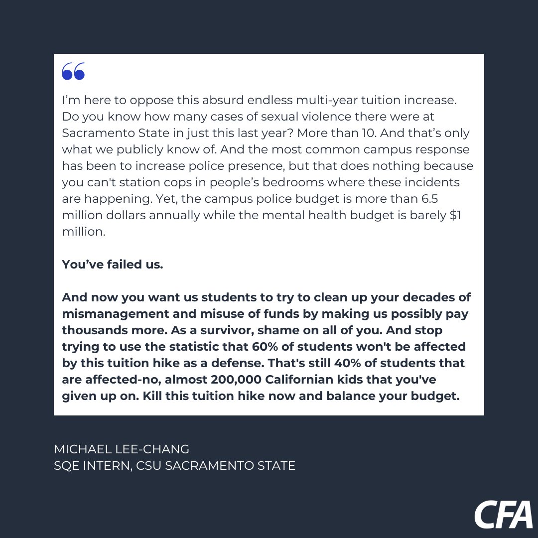 CFA_United's tweet photo. We're not going to clean up @calstate's decades of mismanagement and misuse of funds through the #TuitionIncrease. #DoBetterCSU https://t.co/4KVOTP5Ph4