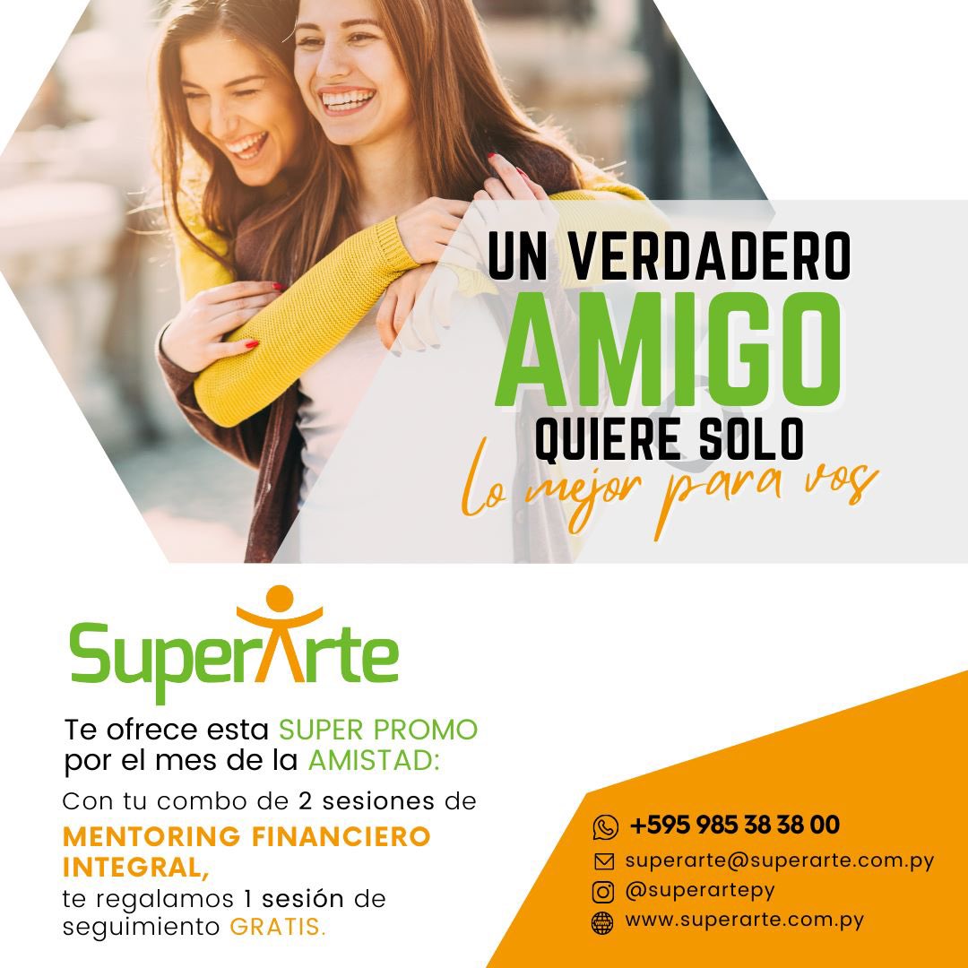 superartepy's tweet photo. Un verdadero amigo quiere siempre lo mejor para vos, por eso te preparamos esta promo por el mes de la amistad: con tu combo de 2 sesiones de Mentoring Financiero Integral, te regalamos 1 sesión de seguimiento gratis!

¡Queremos que estés mejor! Más info al: +595 985 383800 https://t.co/WW8TWfmxj3