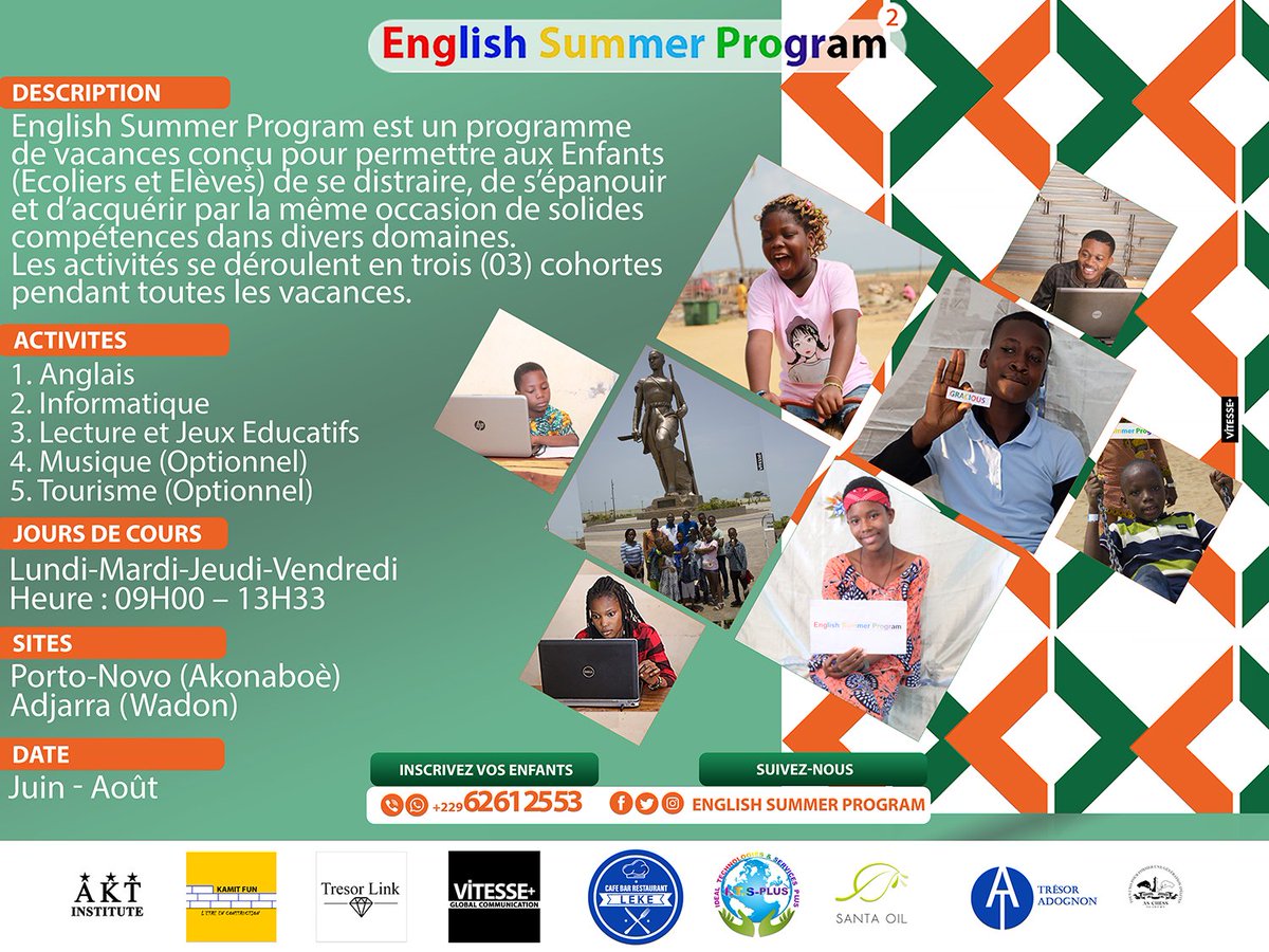 ESPPage's tweet photo. Les activités se poursuivent et les enfants sont hyper joyeux et émerveillés.
Nous réservons à vos Enfants des vacances extraordinaires.
Inscription et renseignements : (+229) 62612553.
#AKTInstitute 
#VitessePlus 
#TresorLink
#TresorAdo 
#Education
#Benin 
#EnglishSummerProgram https://t.co/KkWLY0nQQr