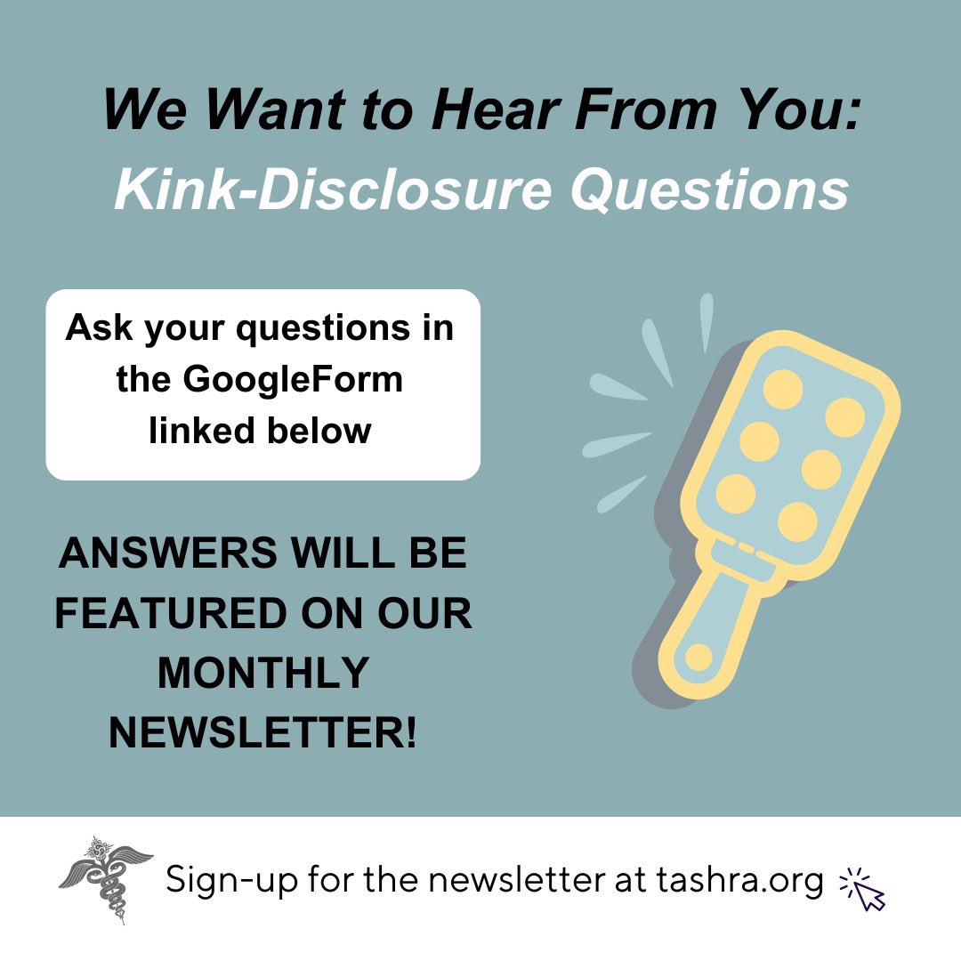 🧐Are you curious about disclosing your kink-identity to a doctor or therapist? We want to help answer your questions in our next newsletter. Submit your questions here for a chance to have them featured!

docs.google.com/forms/d/e/1FAI…