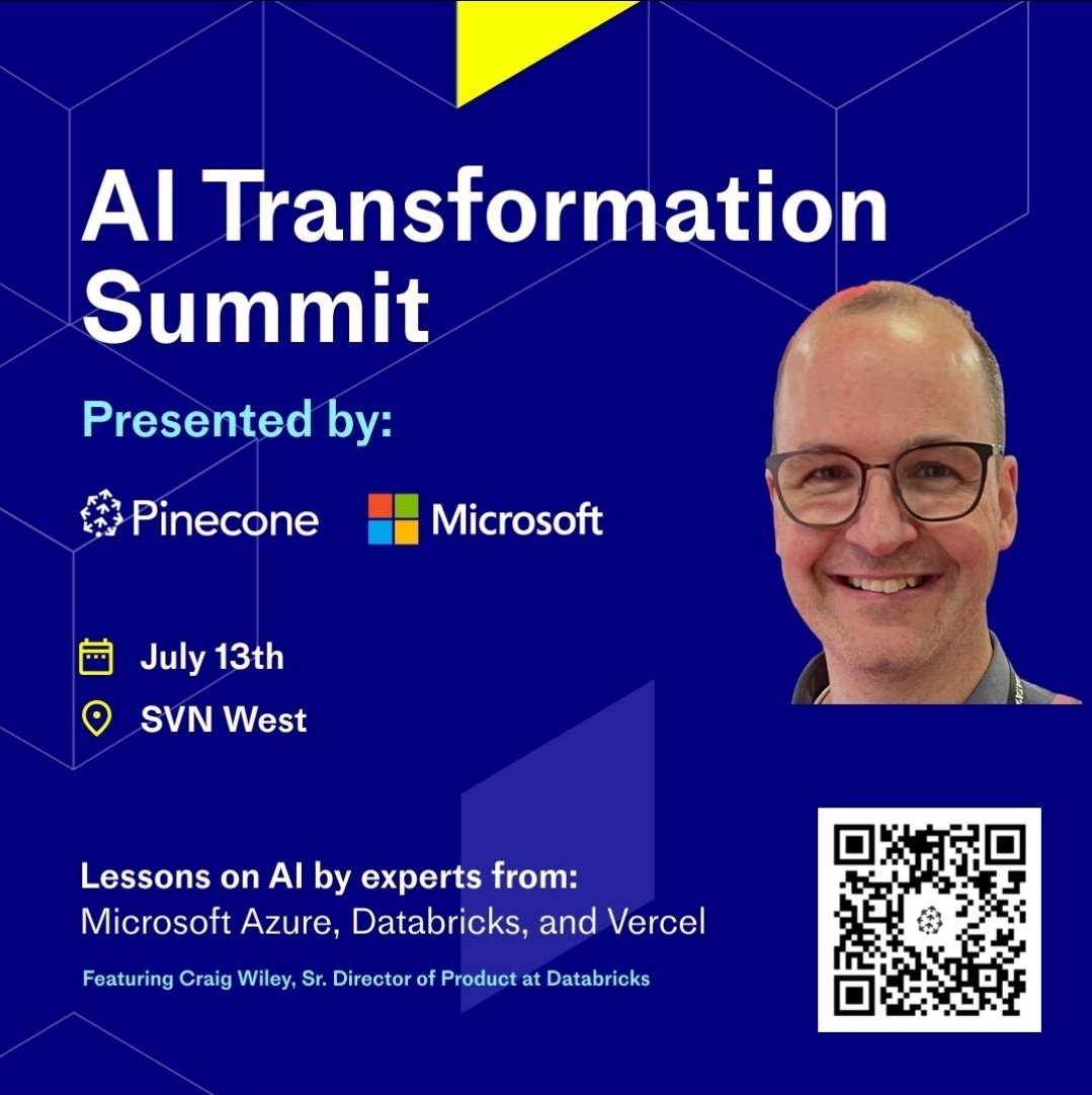 Catch <a href="/DATABRICKS/">Databricks</a> expert Craig Wiley at the <a href="/pinecone/">Pinecone</a> and <a href="/microsoft/">Microsoft</a> AI Transformation Summit. Craig's session is at 2:30 Thursday July 13, and he will speak on preparing data for #LLMs and #GenerativeAI workflows <a href="/maria_pereperez/">Maria Pere-Perez</a>