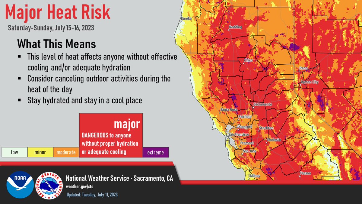 NWSSacramento's tweet photo. Widespread MAJOR HeatRisk will impact our area this weekend. This heat will be dangerous to anyone without proper hydration and cooling. Reconsider outdoor plans and if you must go outside take frequent breaks in the shade and drink plenty of water.

#Cawx https://t.co/1IQf8lYtCI