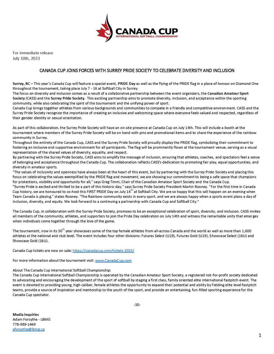 SurreyPrideBC's tweet photo. Surrey Pride BC is thrilled that this new partnership has been arranged. Both Softball City and Canada Cup International Softball Championship and Surrey Pride are overwhelmed by the support shown to us since this announcement. @MR1_ @ProsperaCU @CenturyGroupDev @DrJenMarchbank https://t.co/URdkROH7LM