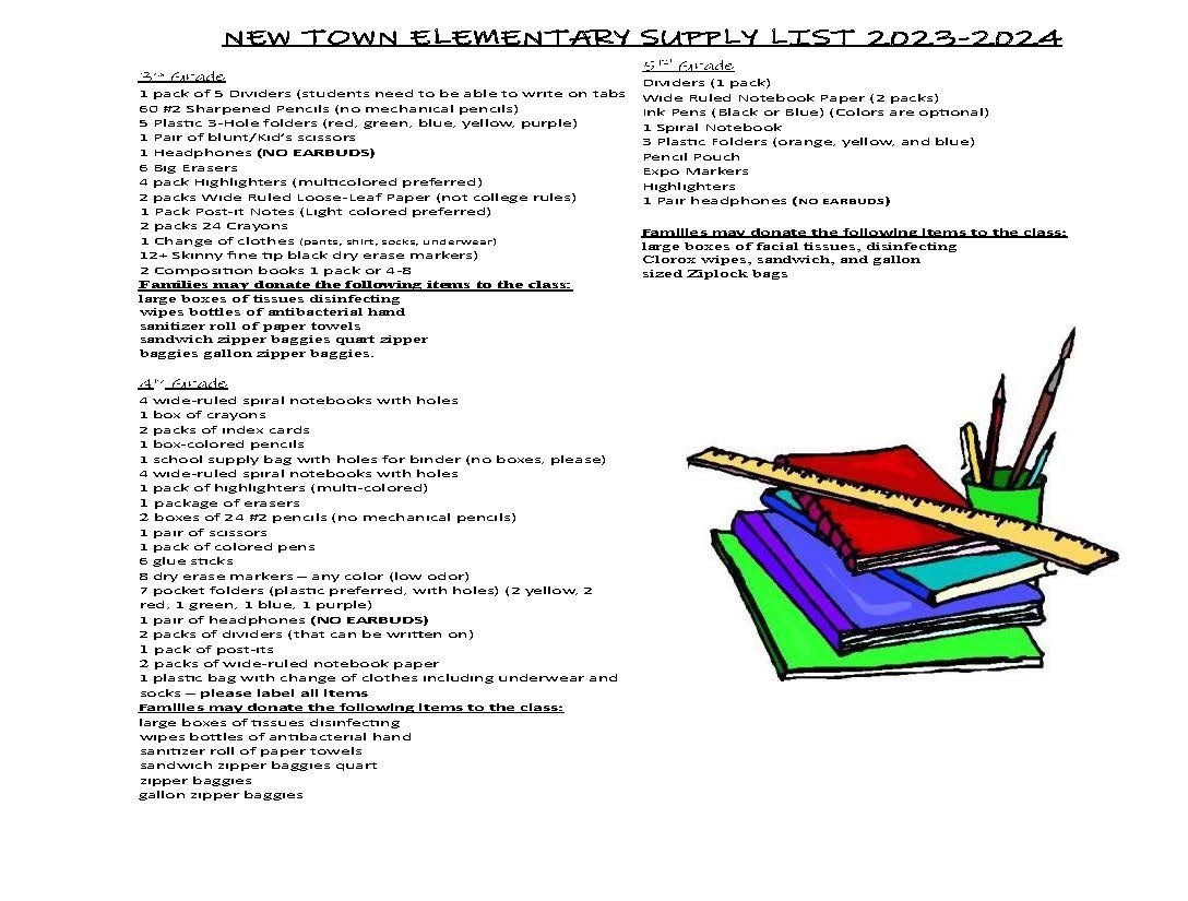 New Town Elementary's school supply list for the 2023-2024 school year: