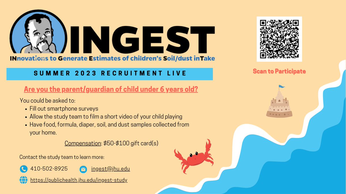 INGEST_Study's tweet photo. Happy Summer!🌞🏖️ The INGEST Study's Summer Recruitment is LIVE. If you are the caregiver of a child that is 6 years old or younger, scan the QR code to participate or head over to https://t.co/V9WztCp4uF to learn more. https://t.co/34MutQwf3U