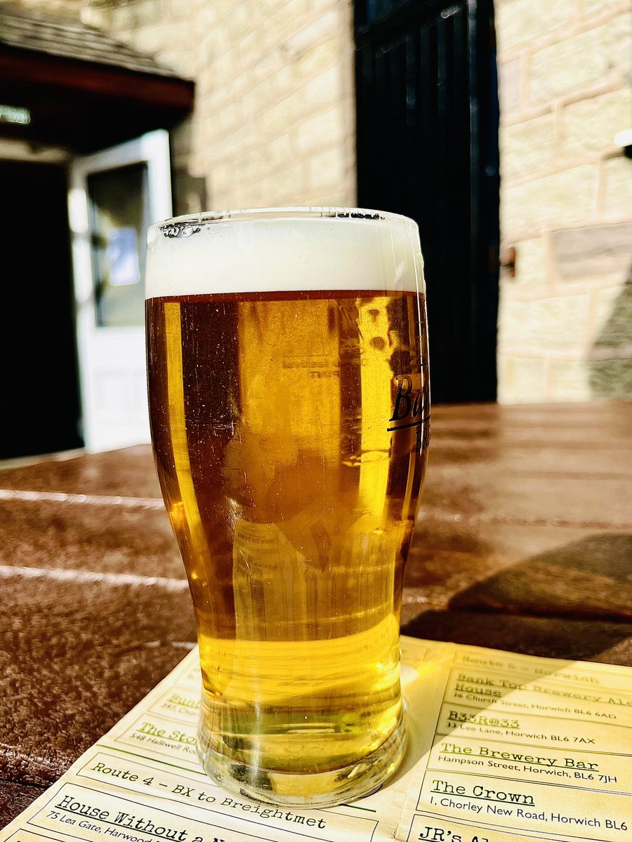 A lovely pint of @BankTopBrewery Palomino Rising and a beer passport sticker at The BTB Ale House. The Sun is actually shining #BBCW23 #SummerOfPub @BoltonCAMRA