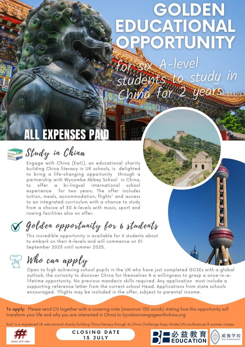 Applications are coming in for the golden ticket 🎫 A-level study 📚 scholarship in China 🇨🇳 Well done 👏 to those who have worked so quickly &amp; 🙏 to their teachers who are supporting them! There is still time but hurry!Closing date 15/07 <a href="/wycombeabbey/">Wycombe Abbey</a> <a href="/engage_china/">EngageWithChina</a> <a href="/UCL_IOE_CI/">UCL IOE CI</a>