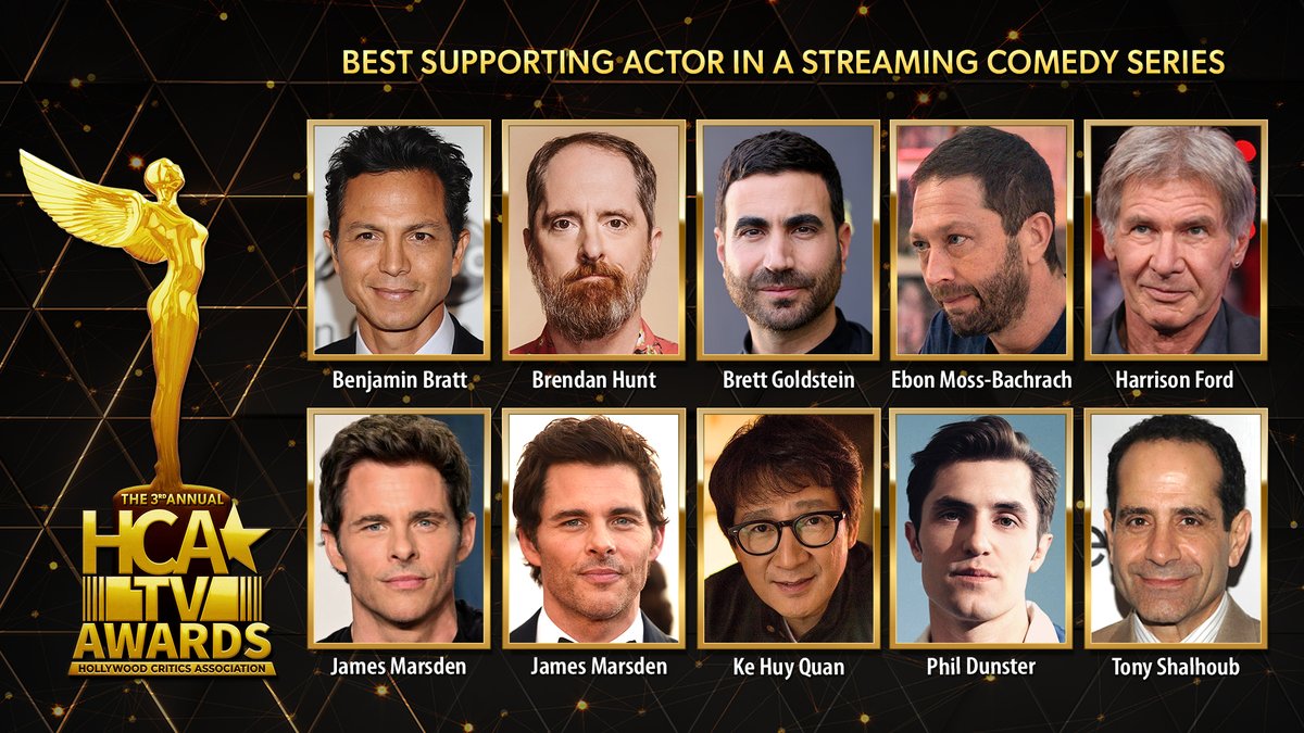 TheAstraAwards's tweet photo. The 2023 HCA TV Awards nominees for Best Supporting Actor in a Streaming Comedy Series are:

Benjamin Bratt - Poker Face
Brendan Hunt - Ted Lasso
Brett Goldstein - Ted Lasso
Ebon Moss-Bachrach - The Bear
Harrison Ford - Shrinking
James Marsden - Dead to Me
James Marsden - Jury Duty
Ke Huy Quan - American Born Chinese
Phil Dunster - Ted Lasso
Tony Shalhoub - The Marvelous Mrs. Maisel

#HCATVAwards #Pokerface #TedLasso #TheBear #HarrisonFord #DeadtoMe #JuryDuty #AmericanBornChinese #TheMarvelousMrsMaisel