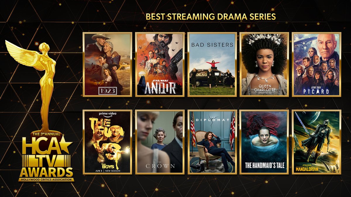 The 2023 HCA TV Awards nominees for Best Streaming Drama Series are:

1923
Andor
Bad Sisters
Queen Charlotte: A Bridgerton Story
Star Trek: Picard
The Boys
The Crown
The Diplomat
The Handmaid's Tale
The Mandalorian

#HCATVAwards #1923 #Andor #BadSisters #QueenCharlotte…