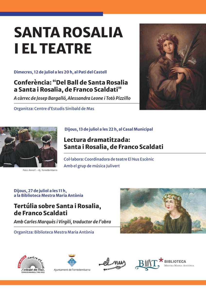 Demà comença el cicle "Santa Rosalia i el teatre", dins els actes de la Festa del Quadre #Torredembarra amb una conferència organitzada pel Centre d'Estudis. A les 8, al Castell. Us hi esperem