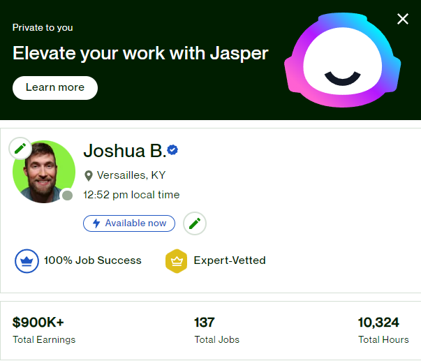 JoshBurnsTech's tweet image. BREAKING: Upwork has partnered with Jasper to give you access to a powerful generative AI tool that can help you increase your productivity and build your business.