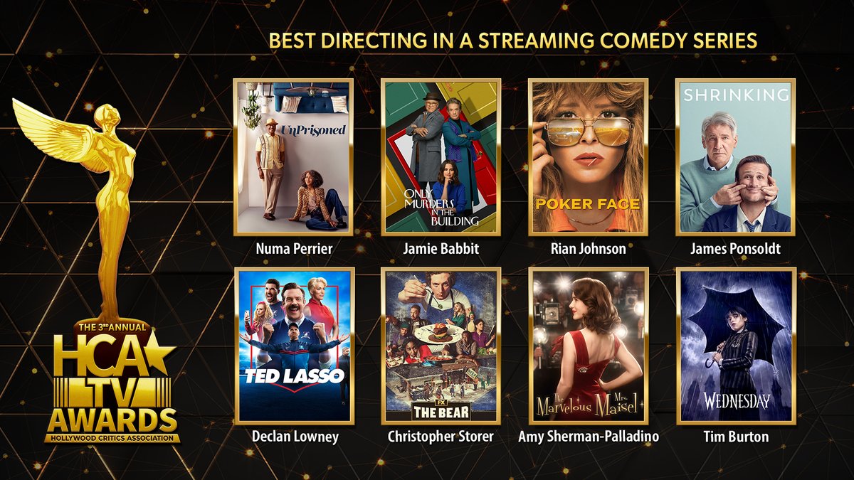 The 2023 HCA TV Awards nominees for Best Directing in a Streaming Comedy Series are:

UnPrisoned - Nigrescence directed by Numa Perrier

Only Murders in the Building - I Know Who Did It directed by Jamie Babbit

Poker Face - Escape From Shit Mountain directed by Rian Johnson…