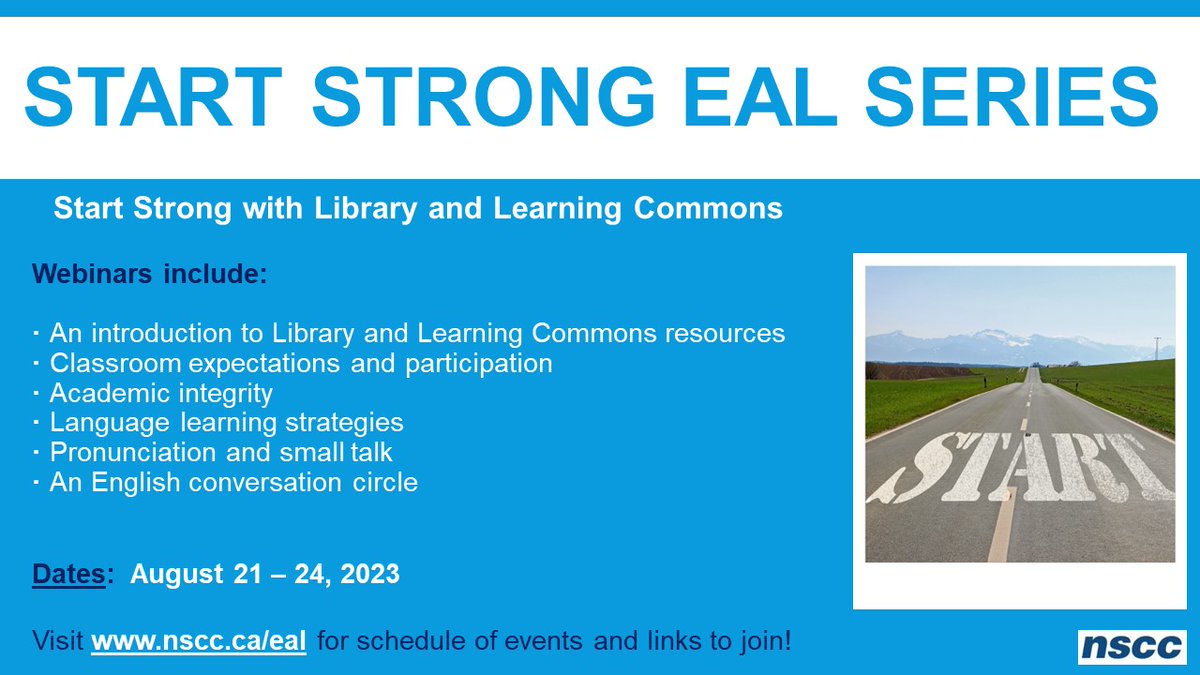 Are you an English as an Additional Language (EAL) learner studying at NSCC in September 2023? Check out the webinar topics listed below and visit the EAL Supports on Connect for the complete schedule and links to join: nscc.ca/eal