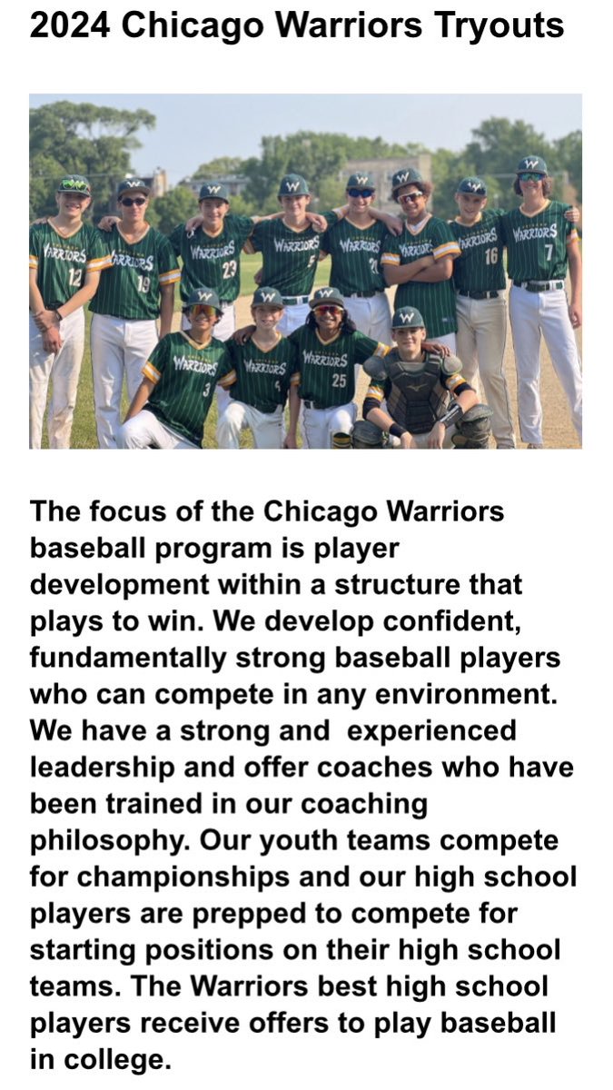 Chicago Warriors Tryouts for 2024 begin today at North Park University, Holmgren Athletic Complex. View our website for more details.
