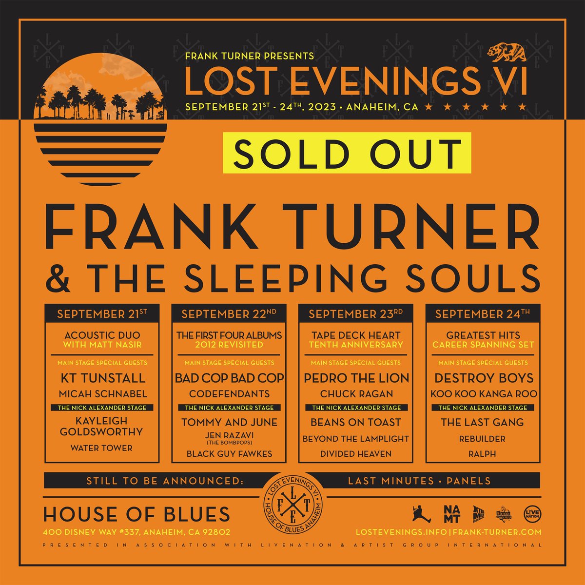 Stoked to announce a billion more bands for the <a href="/NickAlexanderMT/">The Nick Alexander Music Trust ⚡</a> stage at <a href="/Lost_Evenings/">Lost Evenings</a> Anaheim (SOLD OUT!)

Happy to be welcoming <a href="/kayleighgolds/">Kayleigh Goldsworthy</a> <a href="/Jen__Pop/">Jen Razavi ❤️🖤</a>  <a href="/beanstoast/">Beans on Toast</a> <a href="/thelastgangband/">The Last Gang</a>  and a shitload of others. GO SEE EVERYONE!

lostevenings.info