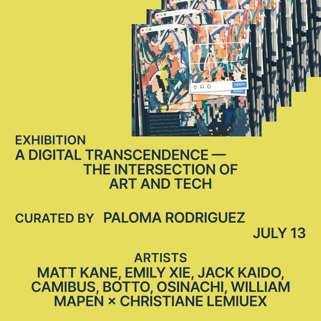 SuperRare's tweet photo. This Thursday’s Curated Release highlights the IRL exhibit “A Digital Transcendence - The Intersection of Art and Tech”

Curated by @PalomarRo. Featuring @MattKaneArtist @emilyxxie @thisjackkaido @camibus_ @bottoproject @osinachiart @williamapan @clemieux

Details below 🧵 https://t.co/ADKlp2Mh0U