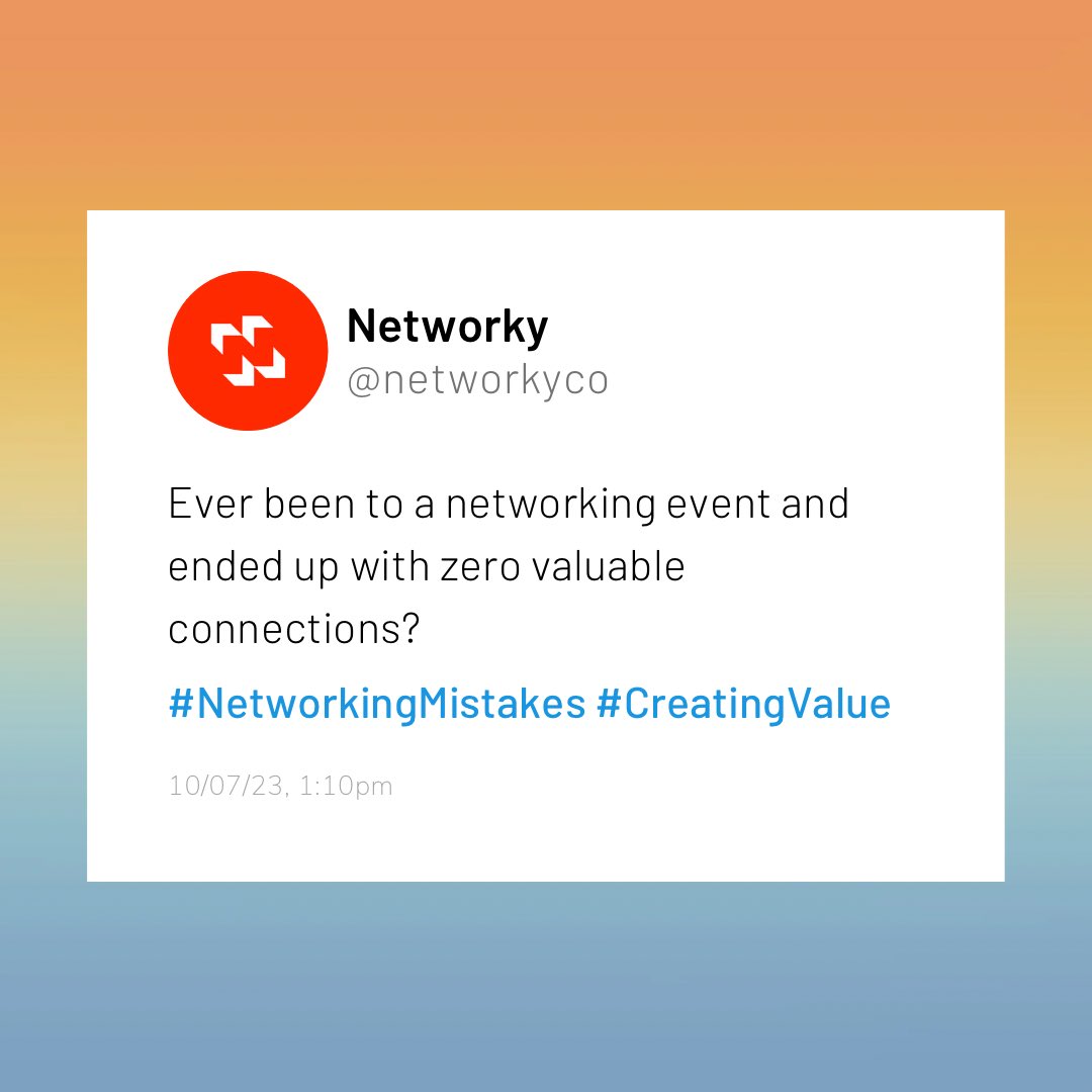 networkyco's tweet image. Ever been to a networking event and ended up with zero valuable connections? 

This week, we’re talking common mistakes that could be sinking your networking ship ⛴️ Now you can gain #NetworkingSuperpowers with Networky’s #NetworkingNuggets 💪🏽

#Networky #Networking

🧵1/7
