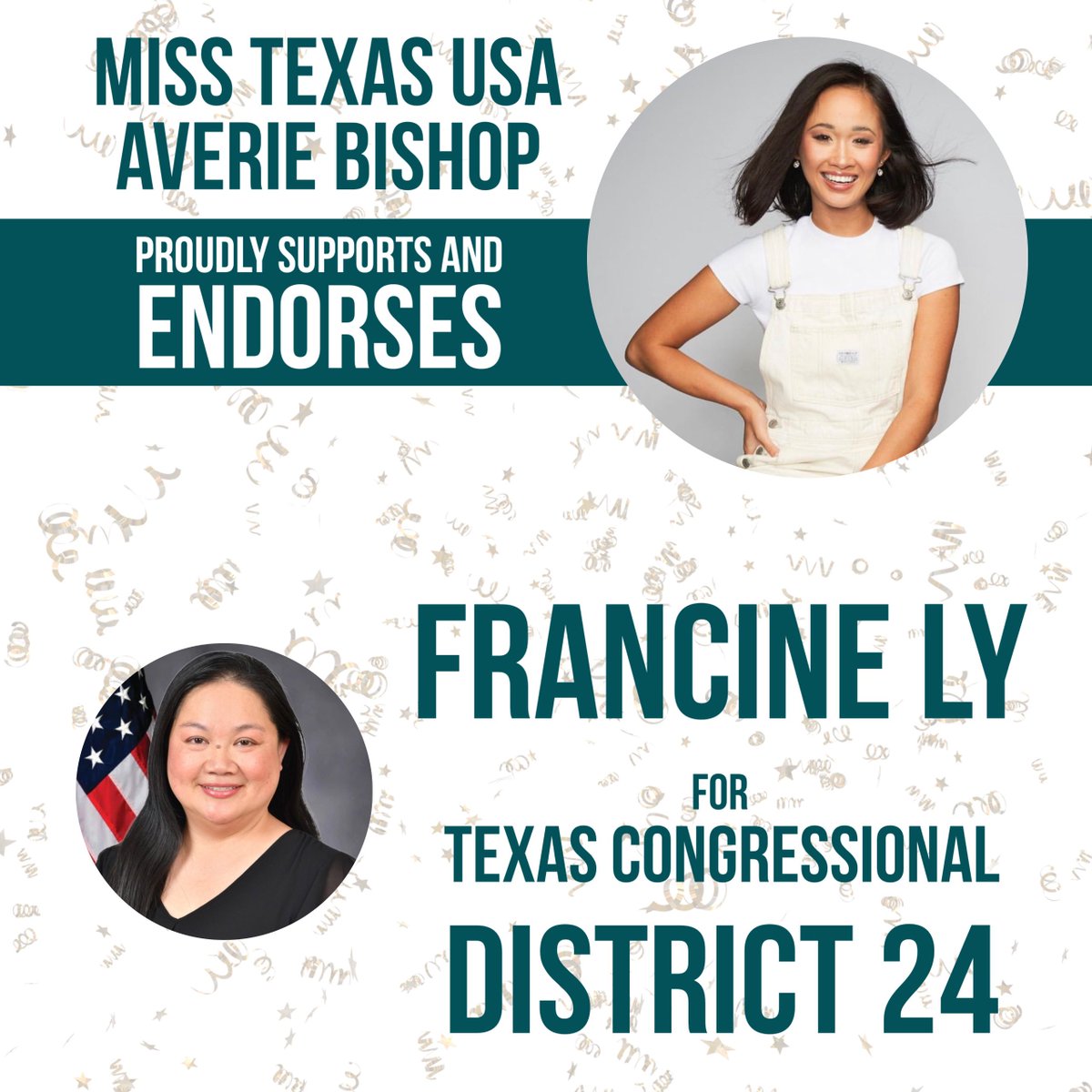 I am so honored to have the support and endorsement of Miss Texas herself, Averie Bishop. Texas is our home and we have no plans on giving up or giving in. #FLIPTX24 #REPRESENTATIONMATTERS