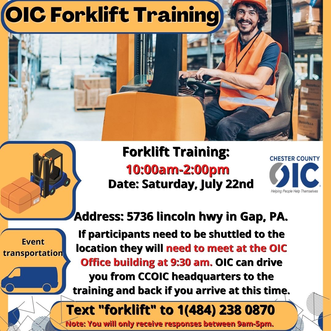 Forklift Training is back on July 22nd!
Text "forklift" to 1(484) 238 0870 to join!

See the flyer for more details &amp; take this opportunity to gain your certification!
#opportunity #workforce #grow #forklift #ccoic