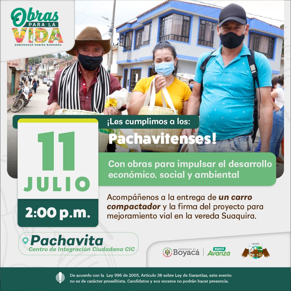 GobBoyaca's tweet photo. ¡Seguimos cumpliéndole a nuestros boyacenses! 

Hoy estaremos en #Pachavita desde las 2:00 p.m.  con obras para impulsar el desarrollo económico, social y ambiental con la entrega de un carro compactador y la firma de un proyecto vial.

¡Te esperamos! https://t.co/dfzbiK5eRC