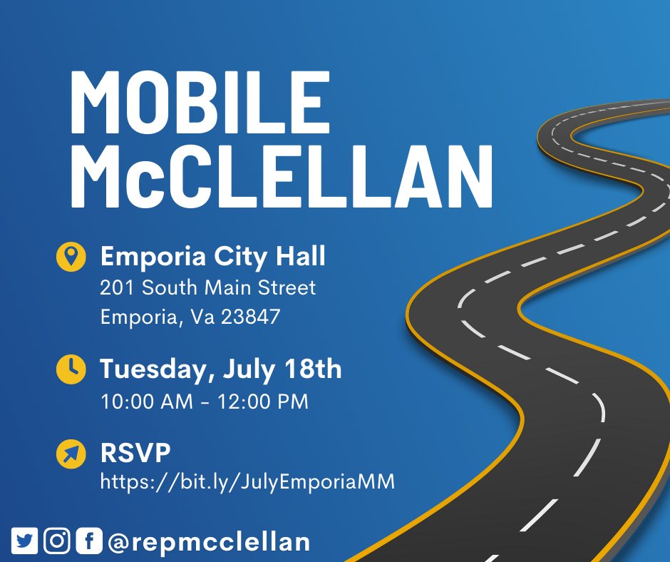 RepMcClellan's tweet photo. Missed our first Emporia Mobile McClellan? My office is hosting another #MobileMcClellan on Tuesday, July 18th!
During this time, you can join my constituent service team for a one-on-one meeting to assist with federal agency help.
To RSVP, visit: https://t.co/OZ6Pq5qQYe https://t.co/OLONcaJwZM