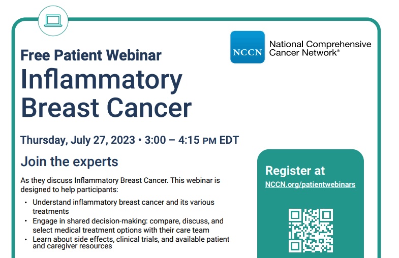 UCSF_CRC's tweet photo. Upcoming 7/27: FREE @NCCN patient webinar focusing on inflammatory breast cancer especially for patients and their family members. To register: https://t.co/HM36MtwhKB https://t.co/AuOZrfmWsA
