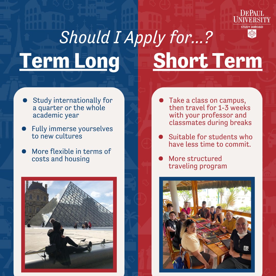 DPUStudyAbroad's tweet photo. Can't decide on your Study Abroad trip? Let's start with these two options.
Learn more about the DePaul Study Abroad programs on Study Abroad website.
#depaul #dpustudyabroad #termlong #shortterm https://t.co/UeA04DRUDp
