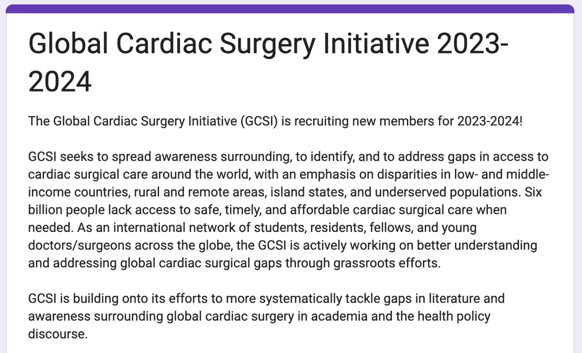 📢 APPLY FOR GCSI 2023-2024

Applications are NOW open to join the 2023-2024 team of @GlobalCardiac.

Are you keen to work alongside colleagues 🌐 to 📶 #GlobalCardiacSurgery?

Deadline for applications: 25 July 2023 (11:59pm EST).

Apply here: forms.gle/YKrVTNPu8zwWiB…