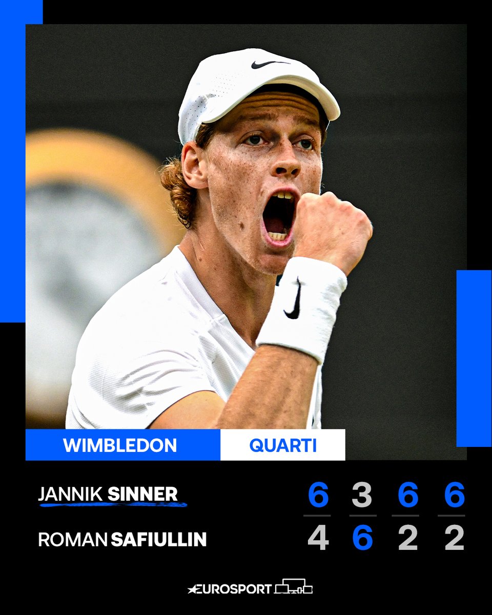 SEMIFINALEEEEEEEEE 🦊💚

Sinner batte in poco più di due ore il russo Román Safiúllin e aspetta il vincente tra Rublev e Djokovic 💪

#Sinner | #Wimbledon | #EurosportTENNIS