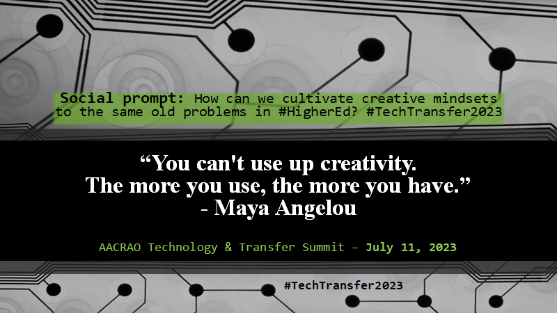 KatieGiardello's tweet image. How can we cultivate creative mindsets to the same old problems in #HigherEd? #TechTransfer2023