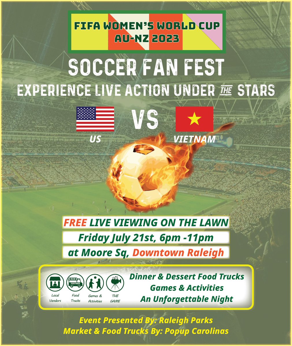 Get2KnowRaleigh's tweet photo. In Raleigh Downtown AND it’s FREE! Outdoor viewing party with Food Trucks, Games and Activities! 

Watch the FIFA Women's World Cup match between the US and Vietnam on a large LED screen at Moore Square Lawn. The Fun starts at 6 pm and the party goes on till 11 am! https://t.co/7WpV5vl42F