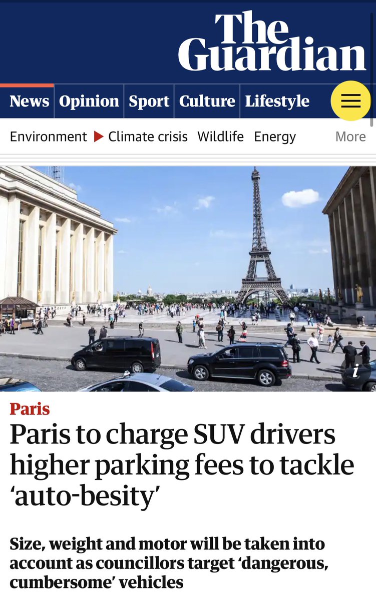 JUST IN ➡️ 

Paris 🇫🇷 to charge SUV drivers higher parking fees to tackle ‘auto-besity’ 🚙

More of this please👇👇