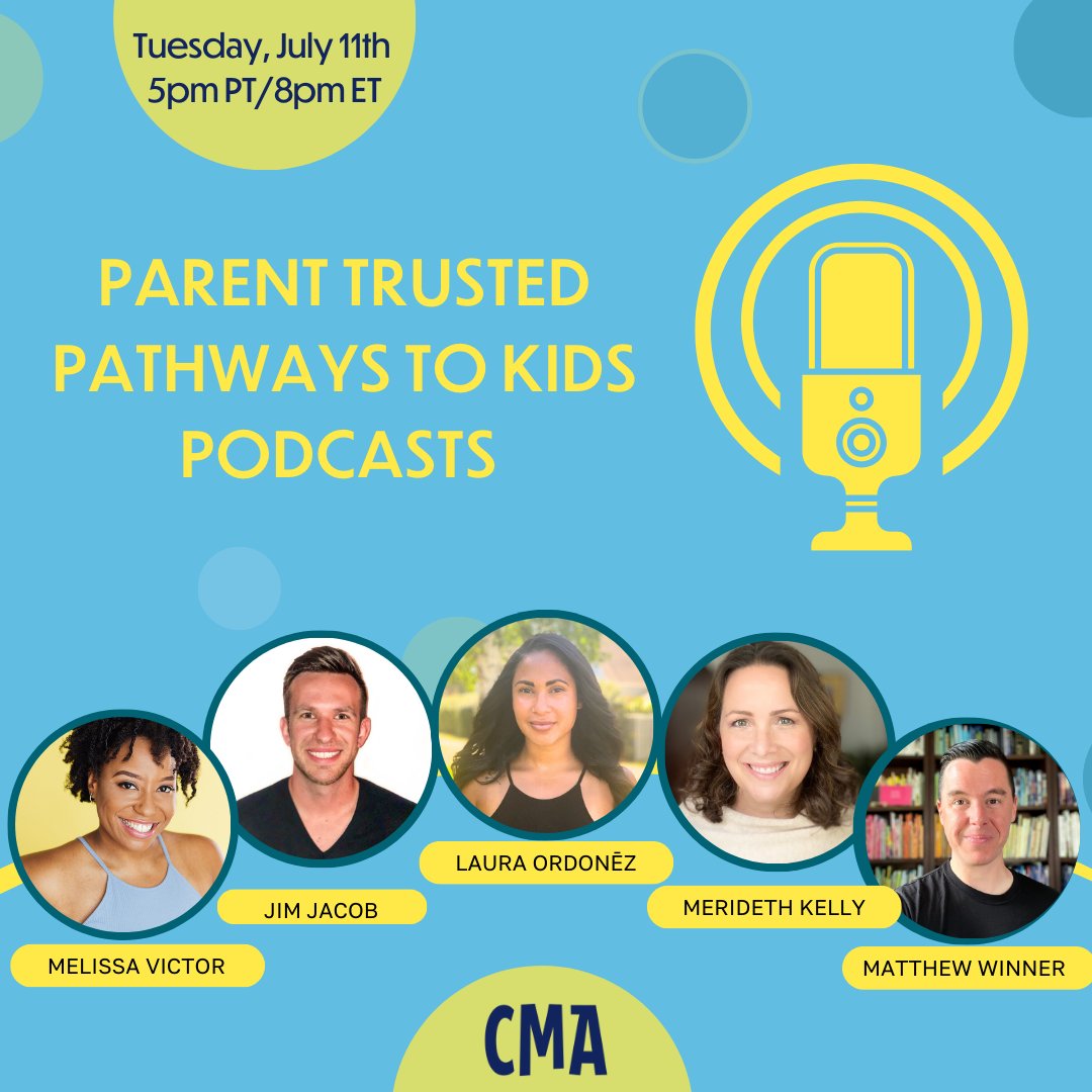 Tonight! A talk with podcast professionals who are making kids podcasts safe and accessible to families everywhere, w/ Jim Jacob (Storybutton), Laura Ordoñez (Common Sense Media) , Merideth Kelly (Storitopia), and Melissa Victor (Stoopkid Stories podcast). childrensmediaassociation.org/cma-events/par…