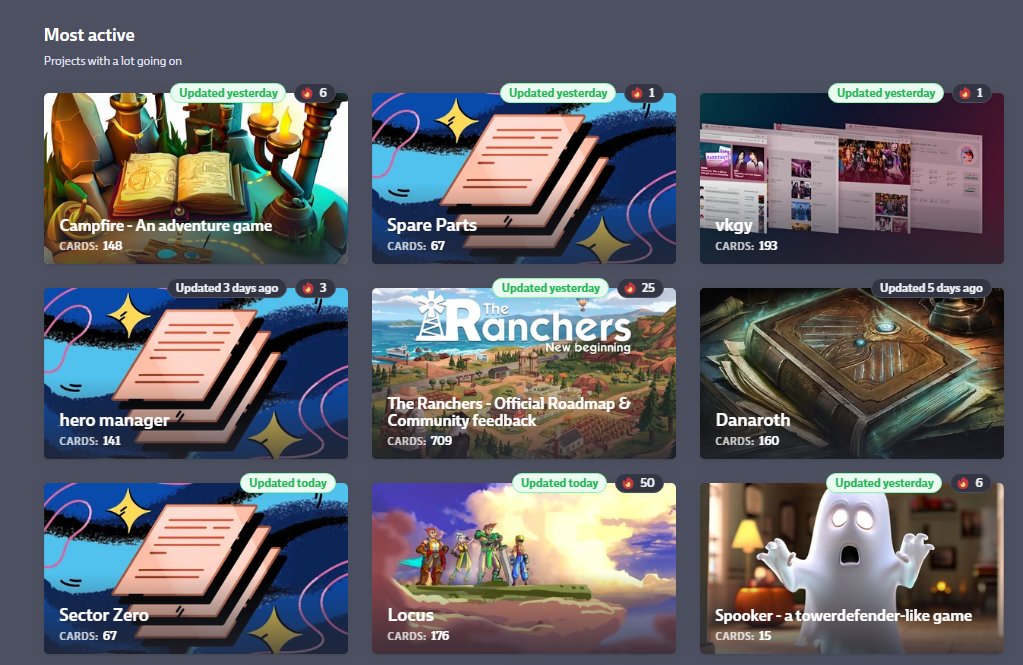 tomate_salat's tweet photo. I've now made my tasks in #codecks open to public. And yesterday in Stream we discovered that my two projects (Campfire, Spooker) belong to the most active ones. Just checked: we are still top listed 😃
#gamedev #indiedev https://t.co/yGs4BChVGQ