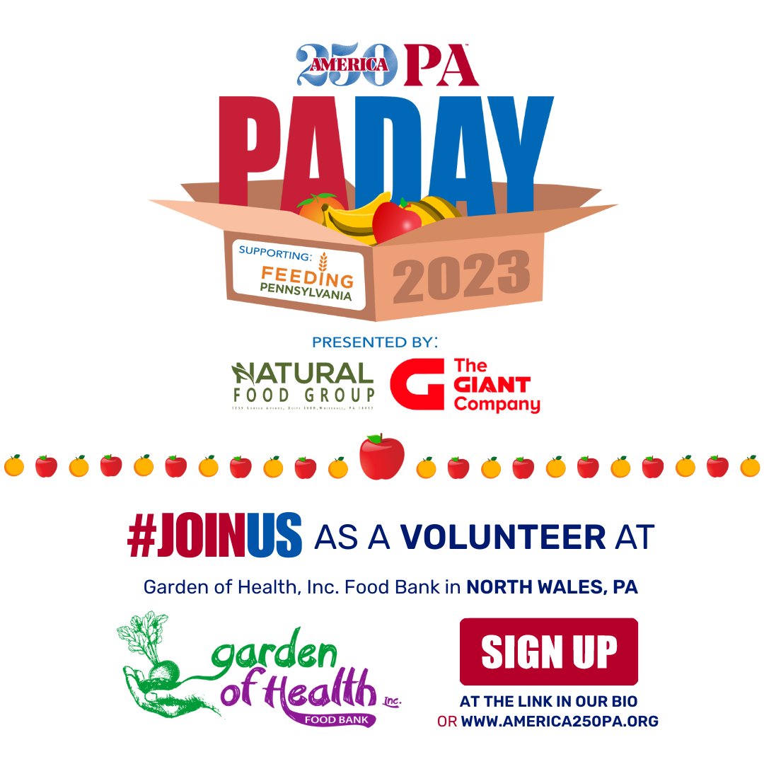 America250_PA's tweet photo. We are in need of volunteers for Garden of Health, Inc. in North Wales, Montgomery County (OUTDOORS) from 9am–12pm on #PennsylvaniaDay Thursday, July 20th.

Sign-up at the link in our bio!

#PAProud #Volunteer #Impact250PA #EveryCounty #EveryPennsylvanian #PADay2023 https://t.co/CEA1RPtgTQ