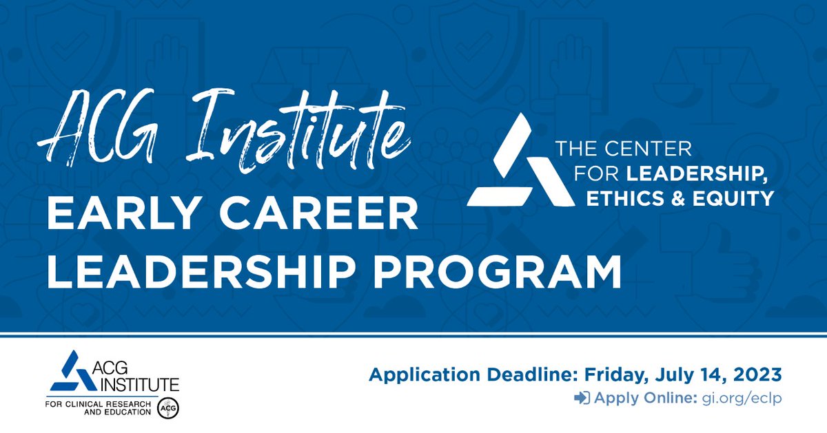 ACG (@amcollegegastro) on Twitter photo ⏰Time's running out to apply for #ACGInstitute Early Career Leadership Program #ECLP!
ACG members 1-5 yrs out of fellowship develop skills in:
☑️Leadership
☑️Networking
☑️Emotional intelligence
☑️Group dynamics
☑️Team building 
Due FRIDAY July 14
➡️gi.org/eclp ⏰Time's running out to apply for #ACGInstitute Early Career Leadership Program #ECLP!
ACG members 1-5 yrs out of fellowship develop skills in:
☑️Leadership
☑️Networking
☑️Emotional intelligence
☑️Group dynamics
☑️Team building 
Due FRIDAY July 14
➡️gi.org/eclp