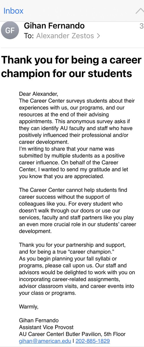 I always enjoy receiving emails like this from @AUCareerCenter. I am very happy to see my students do so well and achieve great thing after graduation!