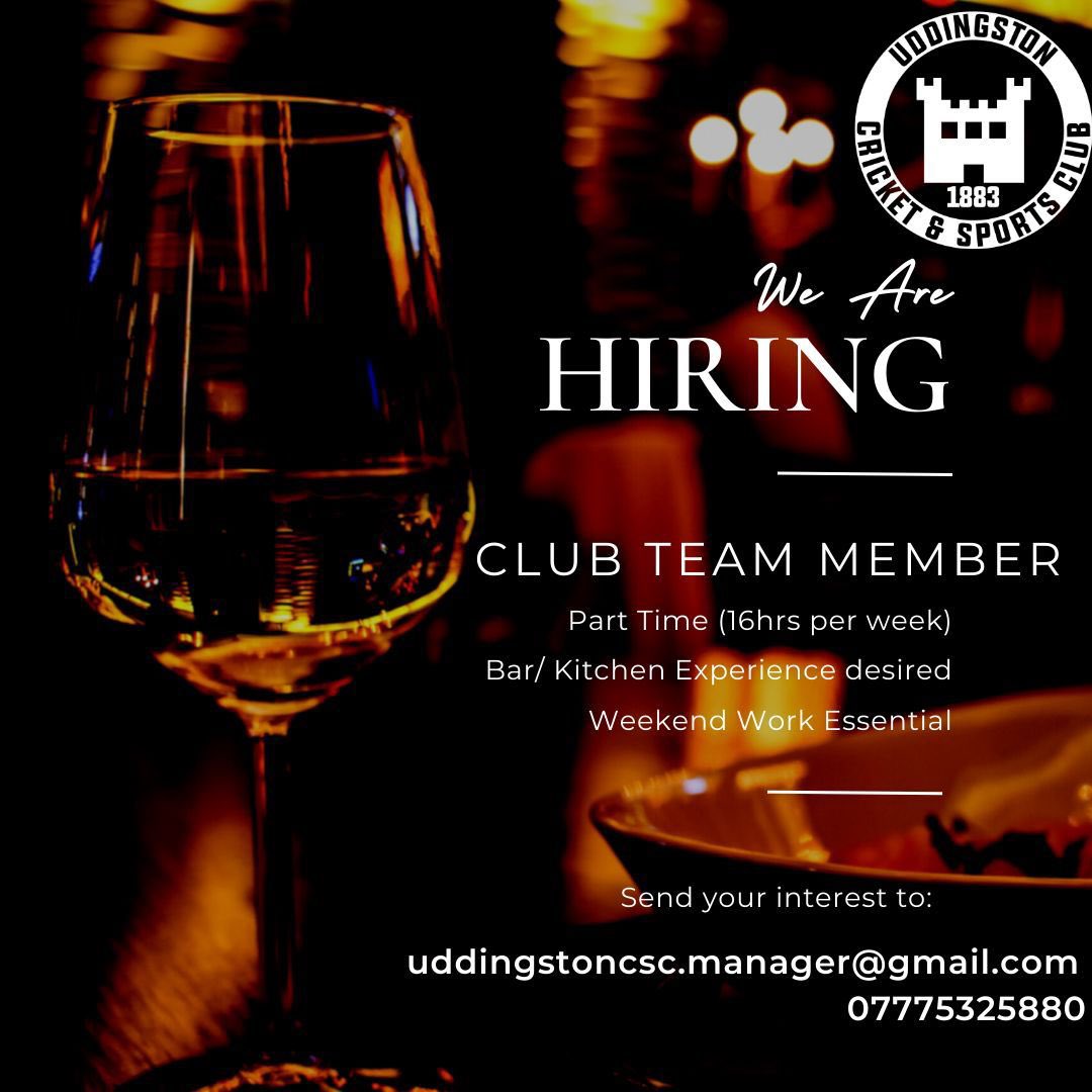 We are hiring a part time team member with bar/kitchen experience desirable.

If interested please email uddingstoncsc.manager@gmail.com

<a href="/UddyRFC/">Uddingston RFC</a> 
<a href="/UddyCricket/">Tunnock's Uddingston</a> 
<a href="/UddyHockey/">Uddingston Hockey</a>