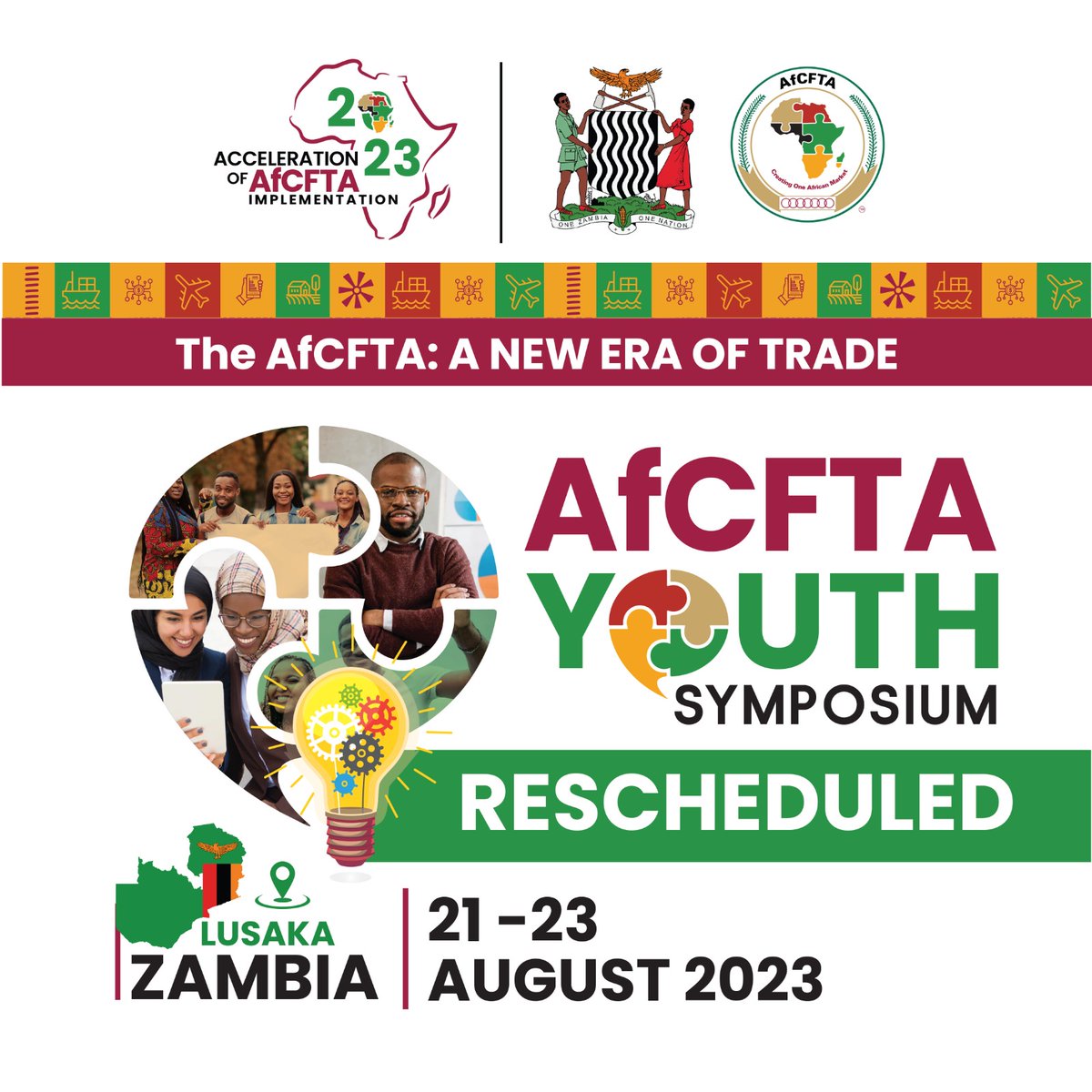 Le #Symposium des #jeunes de la #ZLECAf a été reporté et se tiendra désormais du 21 au 23 août 2023 toujours au Mulungushi International Conference Centre à #Lusaka, #Zambie.
 Pour plus d'informations, veuillez consulter au-afcfta.org/2023/07/resche…